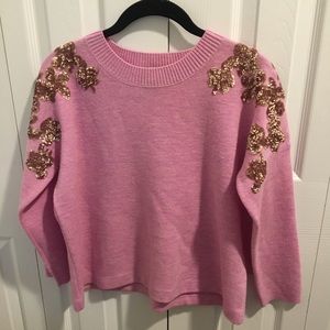 XS J Crew pink Merino sweater with gold appliqué